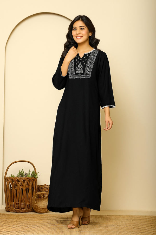 Black Premium Embroidered Nighty