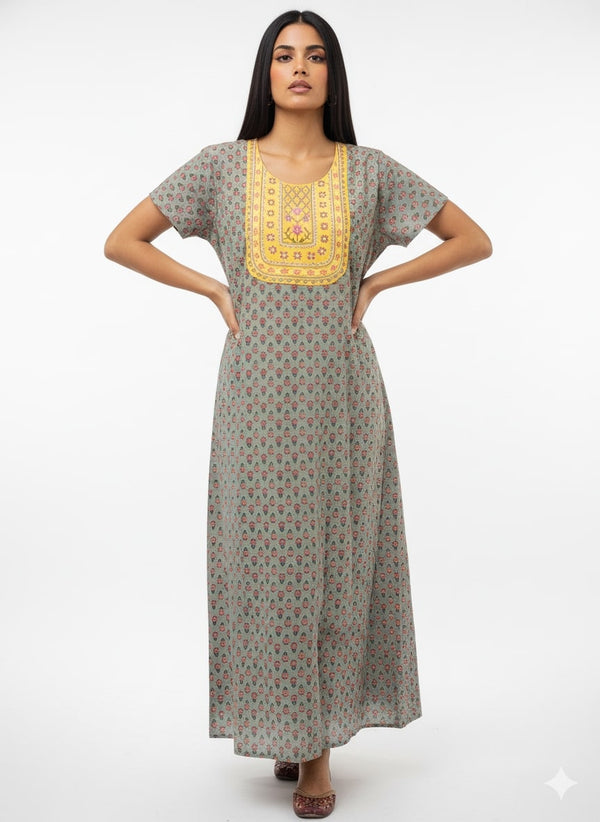 Grey Premium Embroidered Cotton Nighty