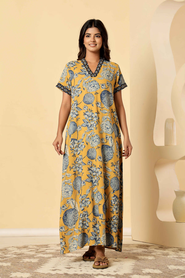 Mustard Viscose Premium Embroidered Nighty