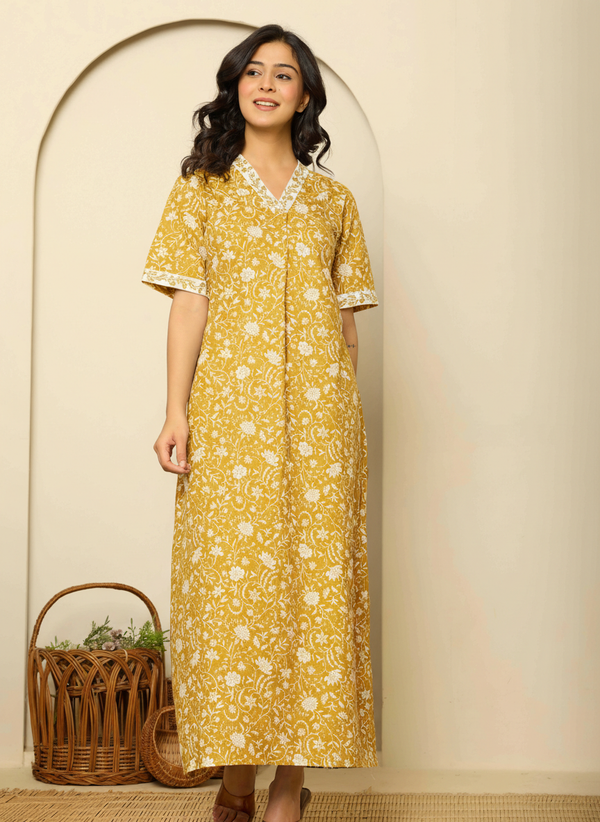 Yellow cotton nightgown for women with lightweight breathable fabric and relaxed fit