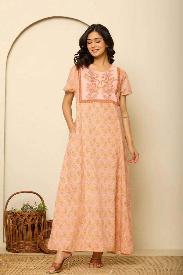 Peach Cotton Premium Embroidered Nighty