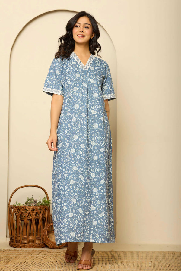Grey Cotton Premium Embroidered Nighty