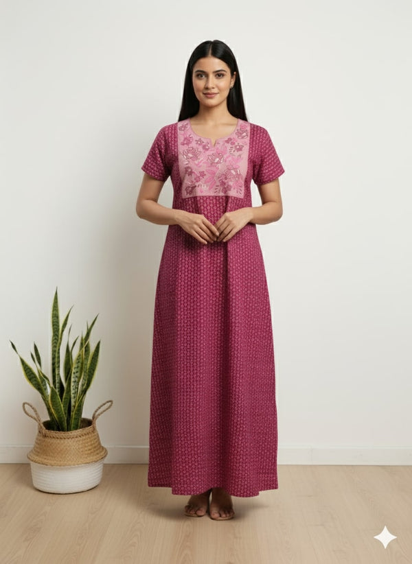 Wine Premium Cotton Embroidered Nighty