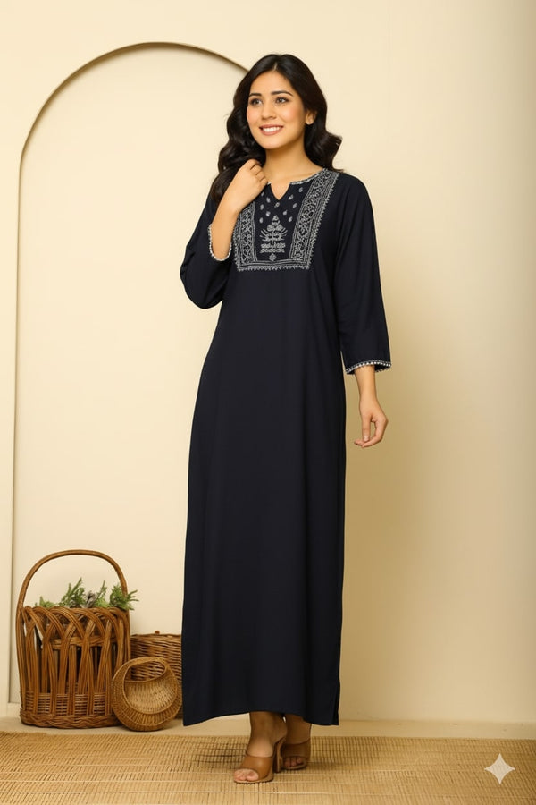 Navy Blue Viscose Premium Embroidered Nighty
