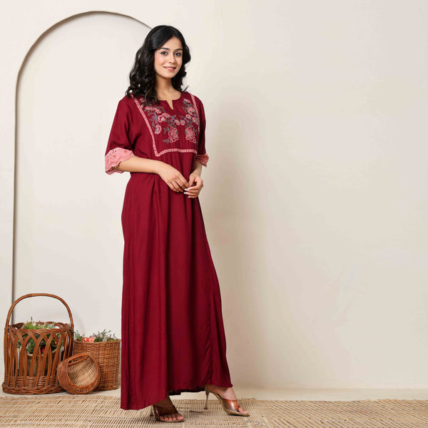 Maroon Premium Embroidered Nighty