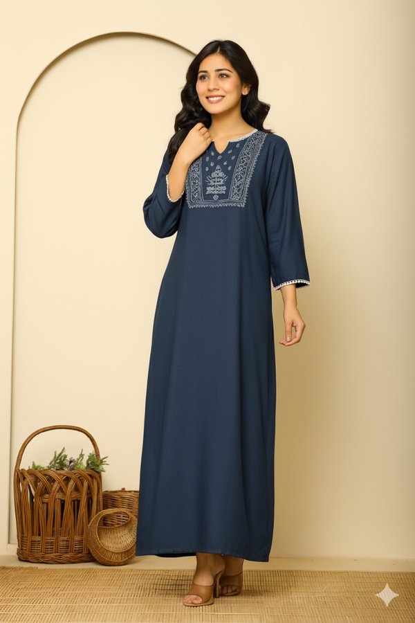 Navy Blue Viscose Premium Embroidered Nighty
