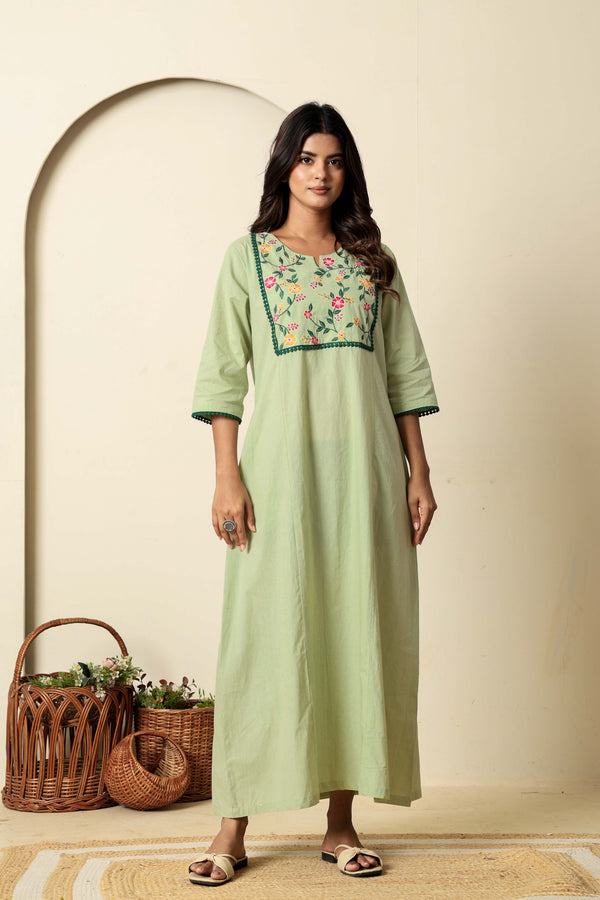 Green Premium Cotton Embroidered Nighty