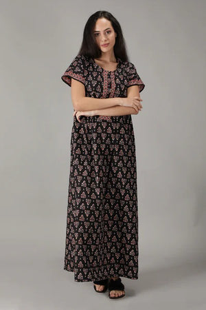 Black Cotton Printed Premium Long Cotton Nighty