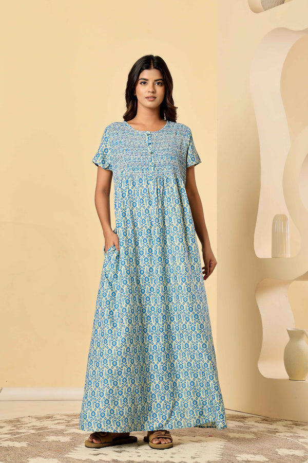 Blue Viscose Premium Smocked Nighty