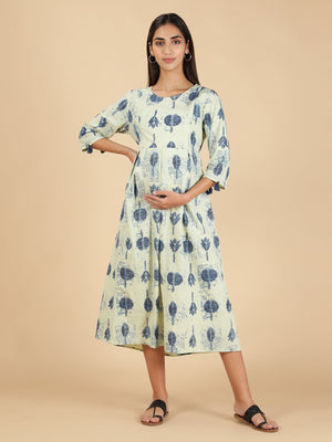 Beige & Blue Cotton Maternity Nighty