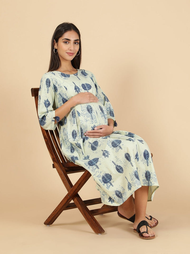 Beige & Blue Maternity Nighty - nihsamah