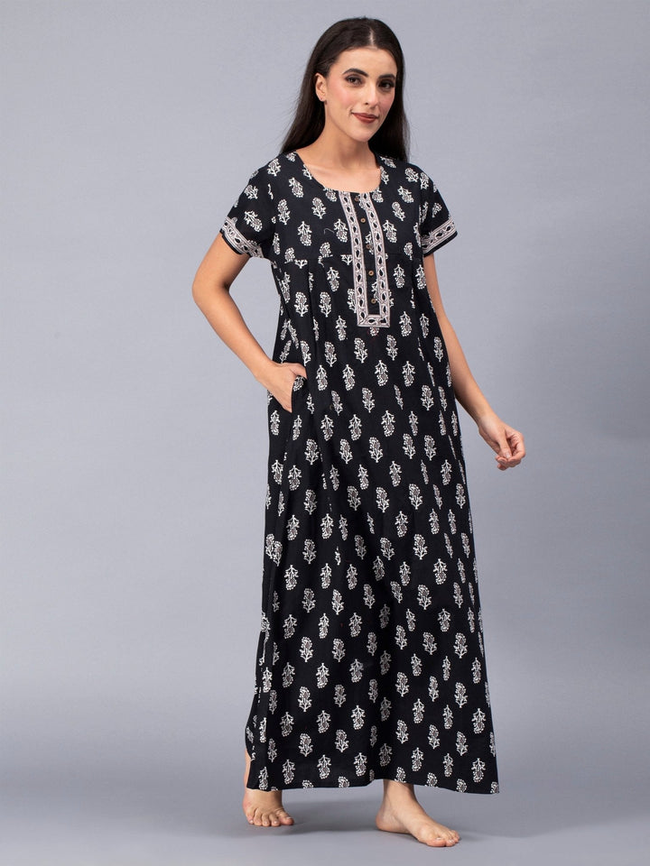 Black Cotton Essential Button-Up Nighty - nihsamah