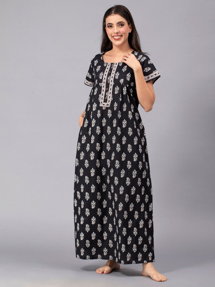 Black Cotton Essential Button-Up Nighty - nihsamah