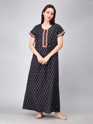 Black Cotton Essential Button-Up Nighty