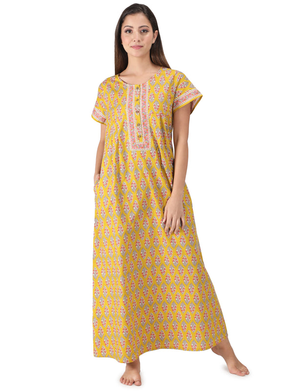 Yellow Cotton Essential Button-Up Nighty
