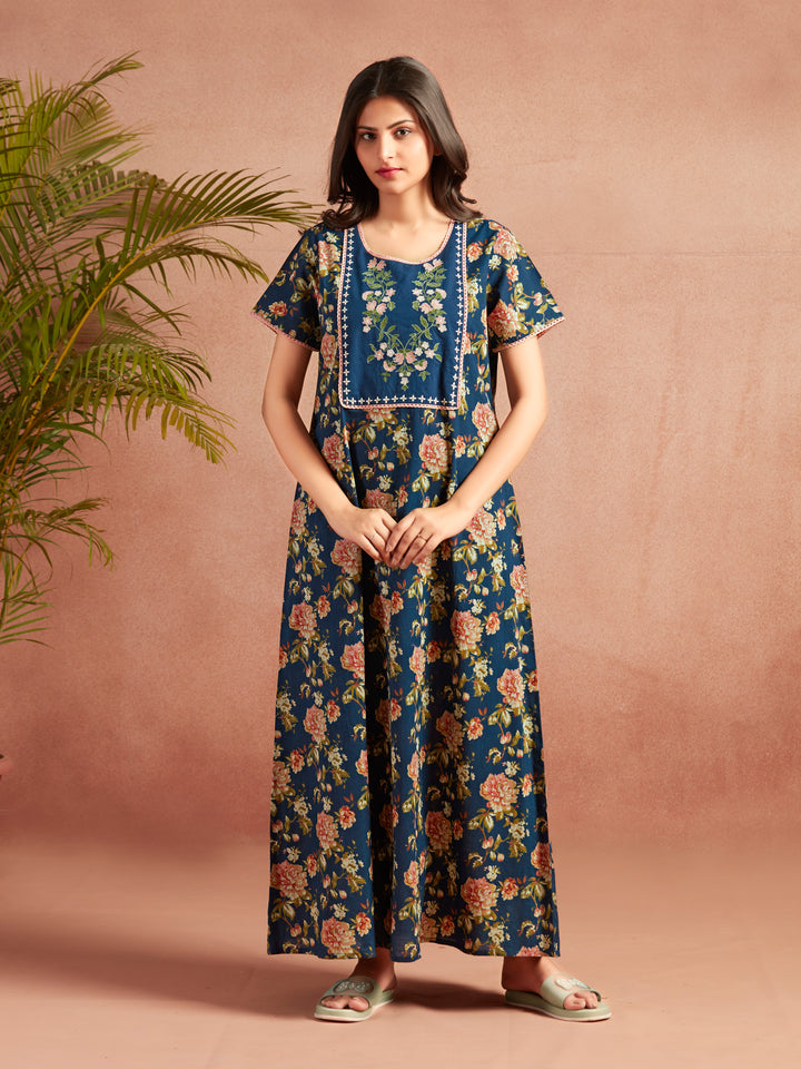 Blue Premium Floral Printed Embroidered Nighty - nihsamah