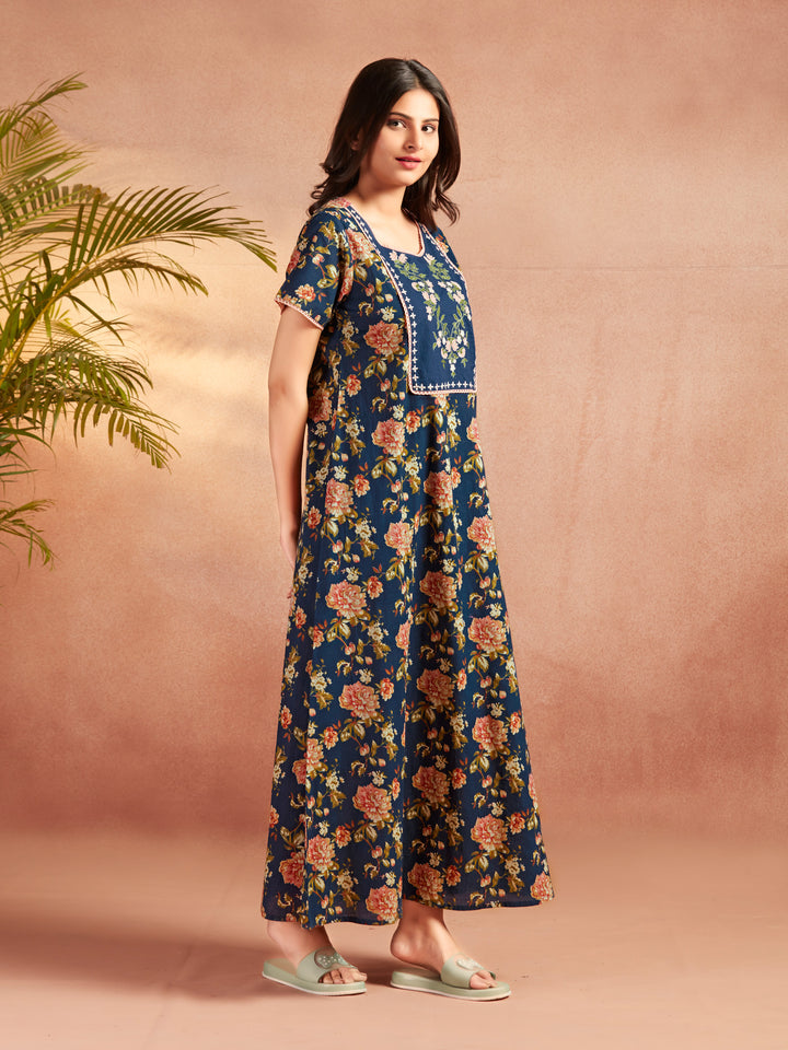 Blue Premium Floral Printed Embroidered Nighty - nihsamah