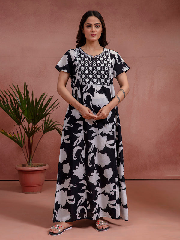 Black Cotton Premium Embroidered Nighty