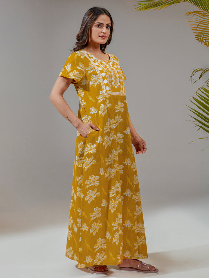 Yellow Premium Embroidered Nighty-nihsamah