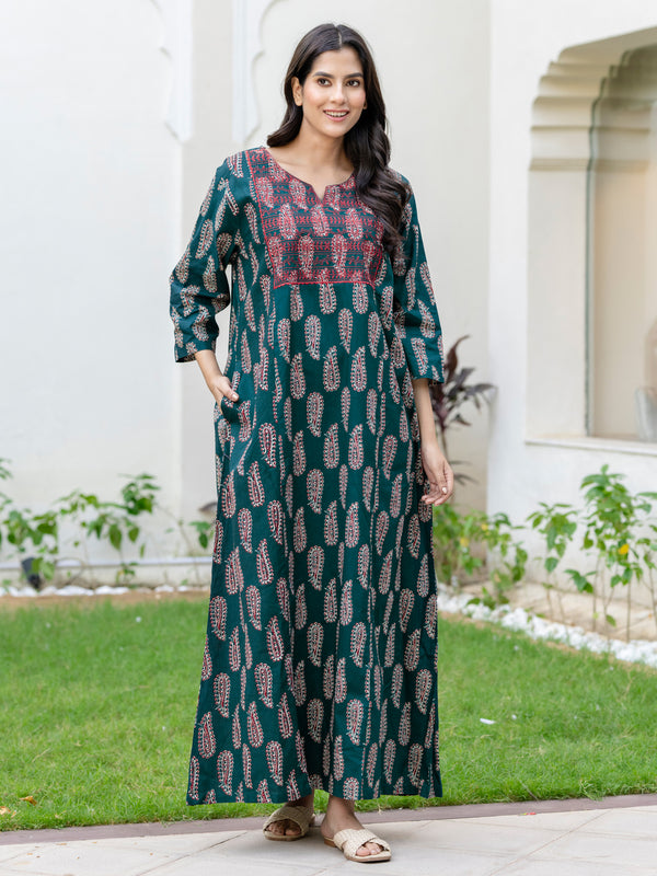 Green Premium Embroidered Nighty