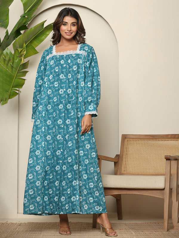 Sea Blue Cotton Premium Printed Lace Nighty