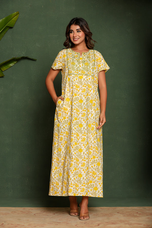 Yellow Premium Floral Printed Embroidered Nighty