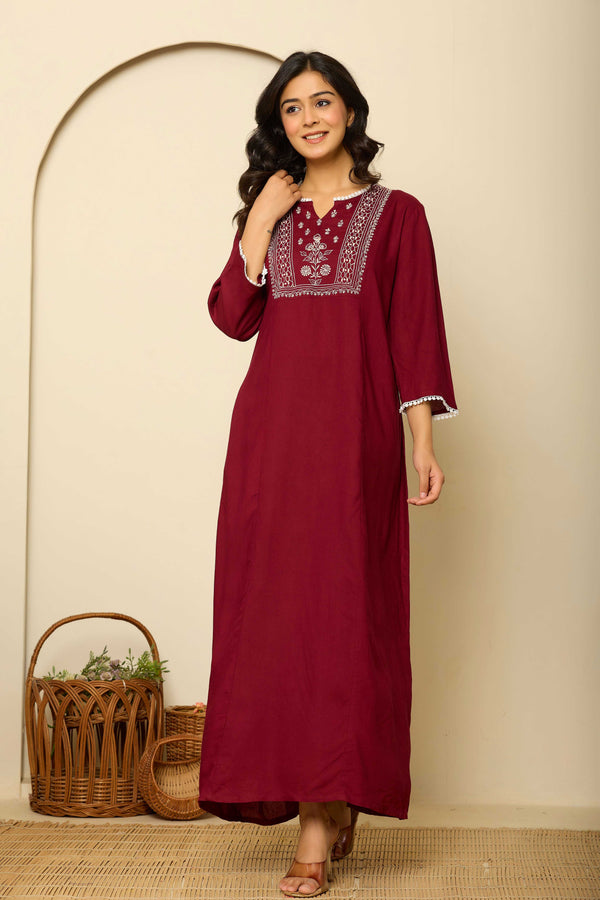 Wine Viscose Premium Embroidered Nighty