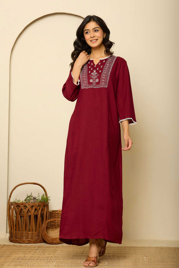 Wine Viscose Premium Embroidered Nighty
