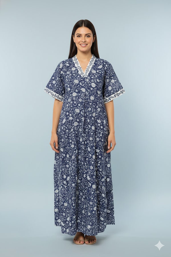 Navy Blue Premium Embroidered Cotton Nighty