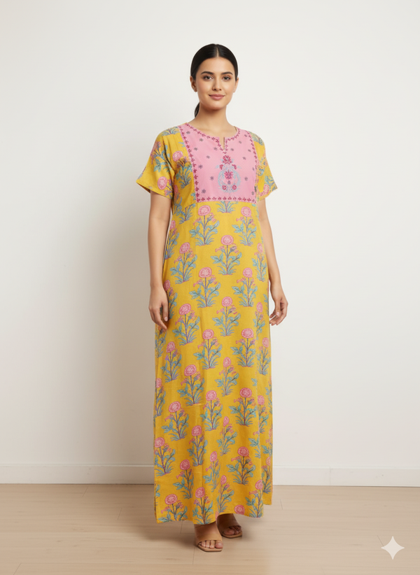 Mustard Premium Embroidered Viscose Nighty